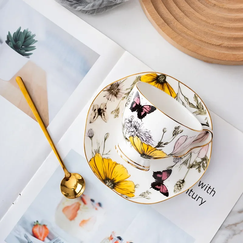 Bone China Coffee Cup & Saucer Set, European Gold Trim Floral Mug, Luxury Afternoon Tea Set, Holiday Anniversary Gift for Women