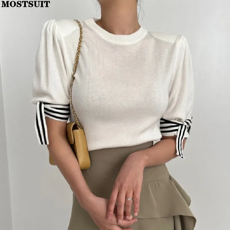 2023 Summer Korean Slim Knit Tshirt Women Sweater Tees Lace-up Sleeve O-neck Pullover Knitwear Fashion Casual Ice Silk Tops