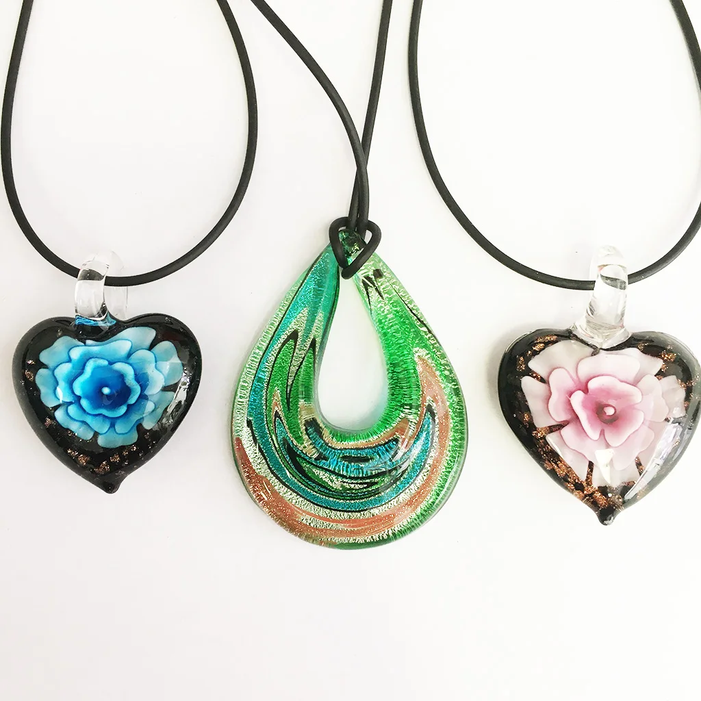 3PCS Glass Murano Lampwork Pendant Necklace For Women Mix Colors Chinese Style Different Shape  Jewelry Gift