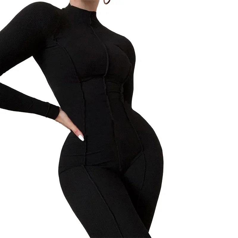 2023 Spring Bright Line Decoration Black Jumpsuit for Women One Piece Sexy Club Outfit Female Long Sleeve White Bodycon Jumpsuit