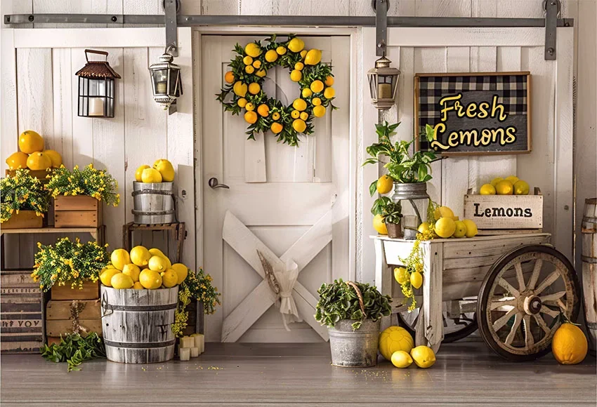 Mehofond Photography Background Summer Lemon Fruit Barn Door Kids Birthday Party Cake Smash Portrait Decor Backdrop Photo Studio