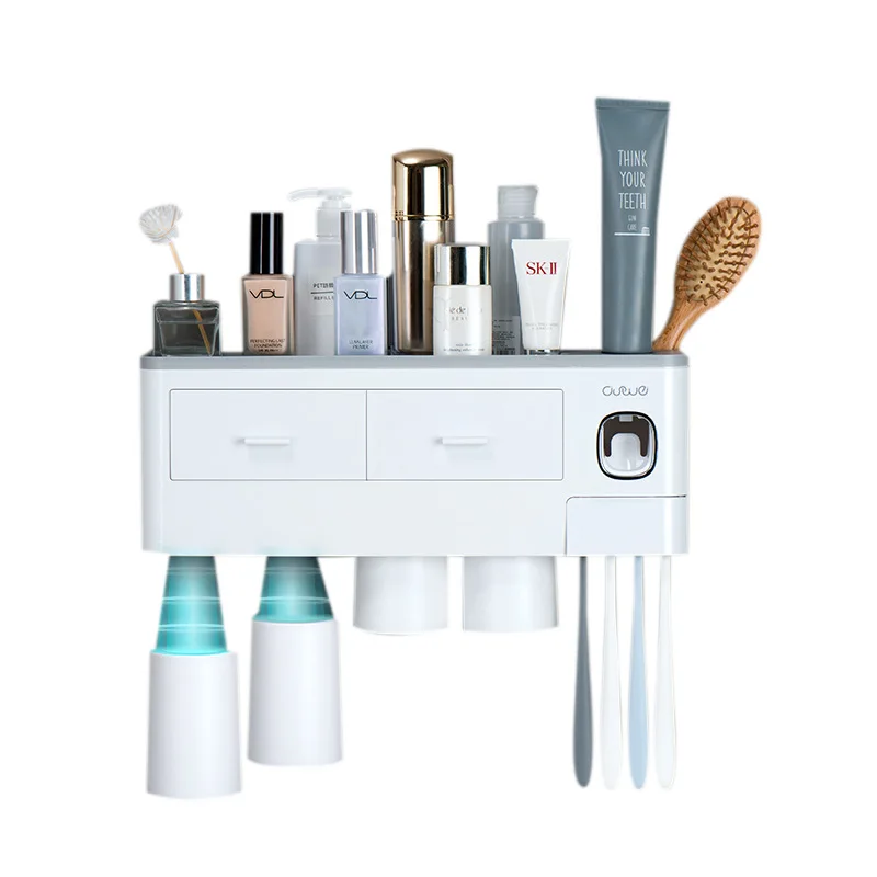 3 Cups Toothbrush Holder Wall Mounted Toothbrush Holders for Bathrooms with Large Capacity Drawer and Tray shelf organizer