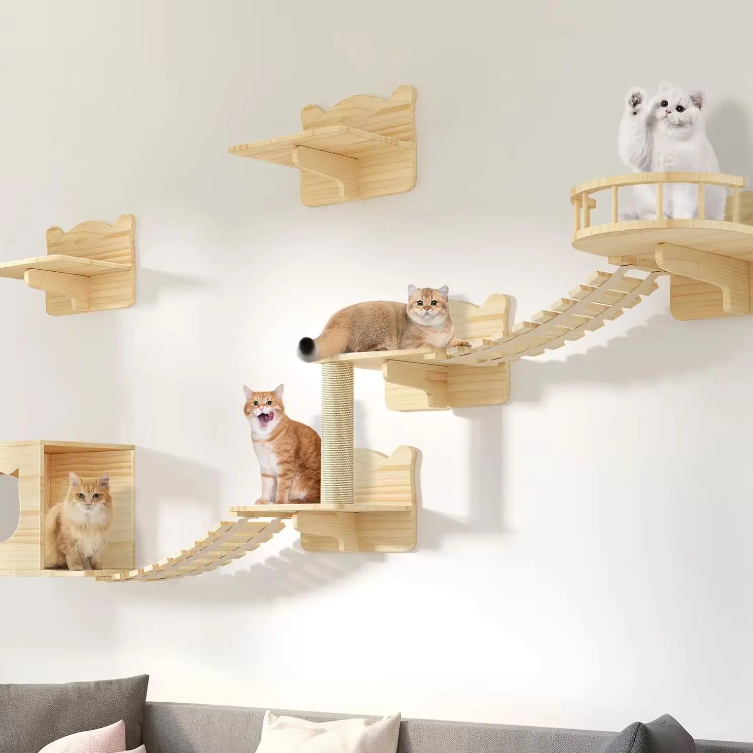 Cat Wall Shelves Set of 9 Wall-Mounted Wooden Cat Climber Cat Bridge Cat Condo