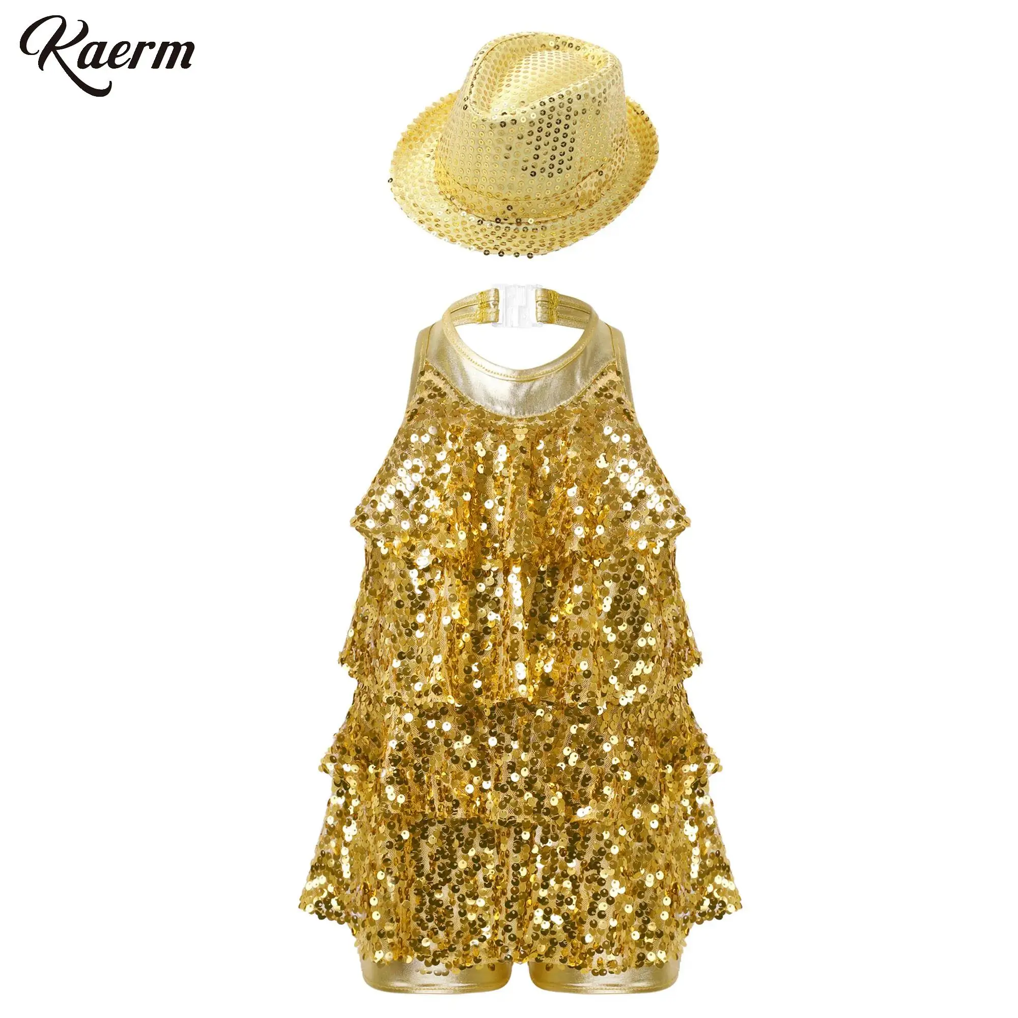 

Children Girls Jazz Dress Costume Sequins Dance Skirt Ruffles Leotard Halter Backless with Dance Wear Hat for Kpop Stage Clothes