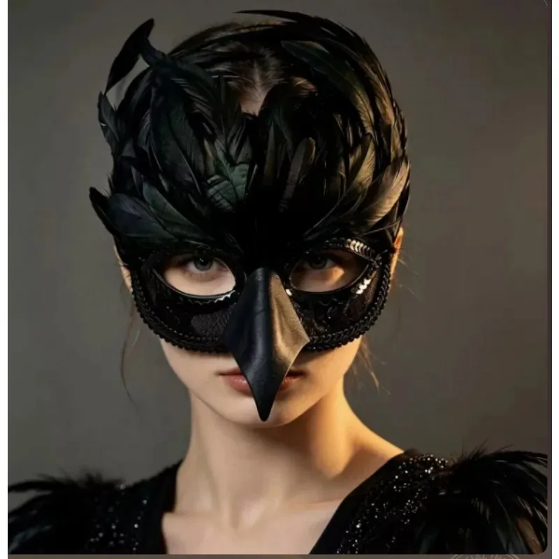 Black Crow Feather Half Face Mask Gothic Venetian Style, Glitter Sequins Adjustable Strap Halloween Cosplay Carnival Night Club