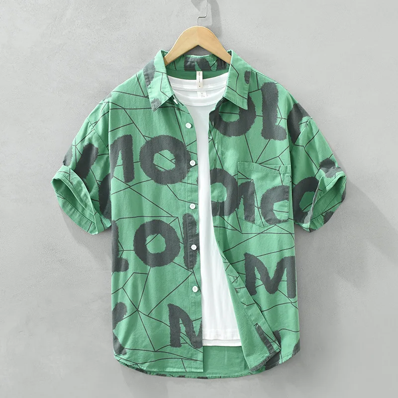 

Модная мужская летняя рубашка из чистого хлопка с цветным буквенным принтом, свободного кроя, с коротким рукавом, тонкая, в повседневном стиле
