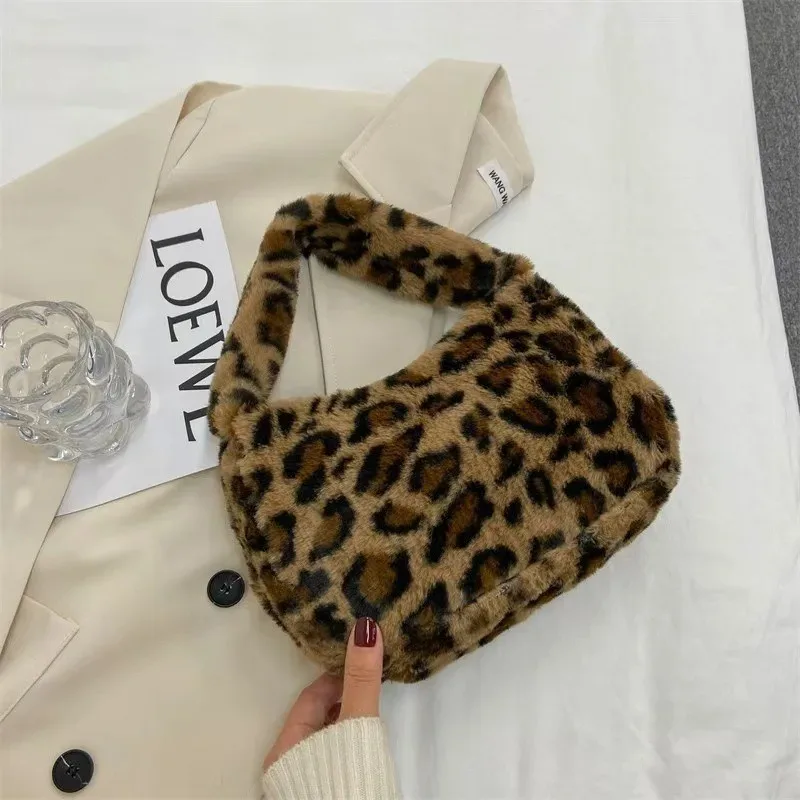 Women's Bag Soft Plush Shoulder Bag Winter Fashion Casual Solid Color Leopard Pattern Underarm Handbag Female Handbags Tote Bags