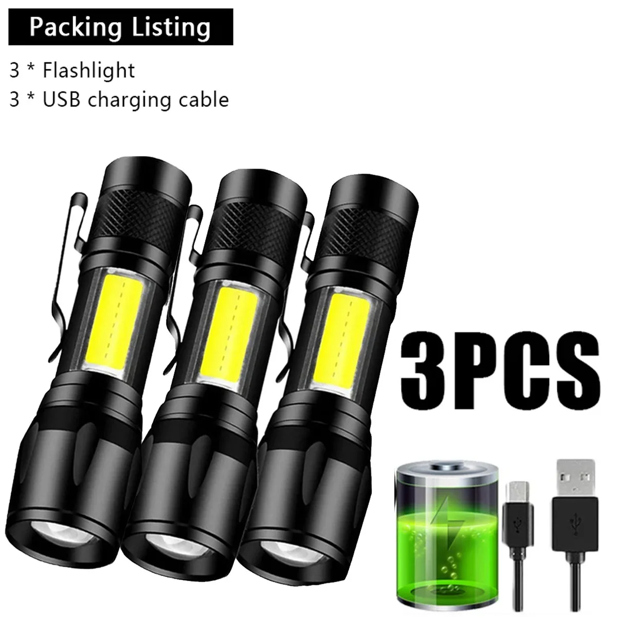 

Powerful Mini LED Flashlight COBtXPEZoom Torch Built In Battery USB Rechargeable With Pen Clip Outdoor Camping Emergency Lamp