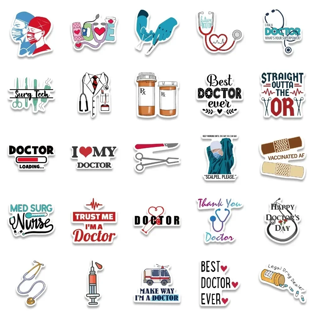 50pcs Cartoon Stickers for Doctors Medical Item Stethoscope Waterproof Stickers Bottle Mobile Phone Decorations