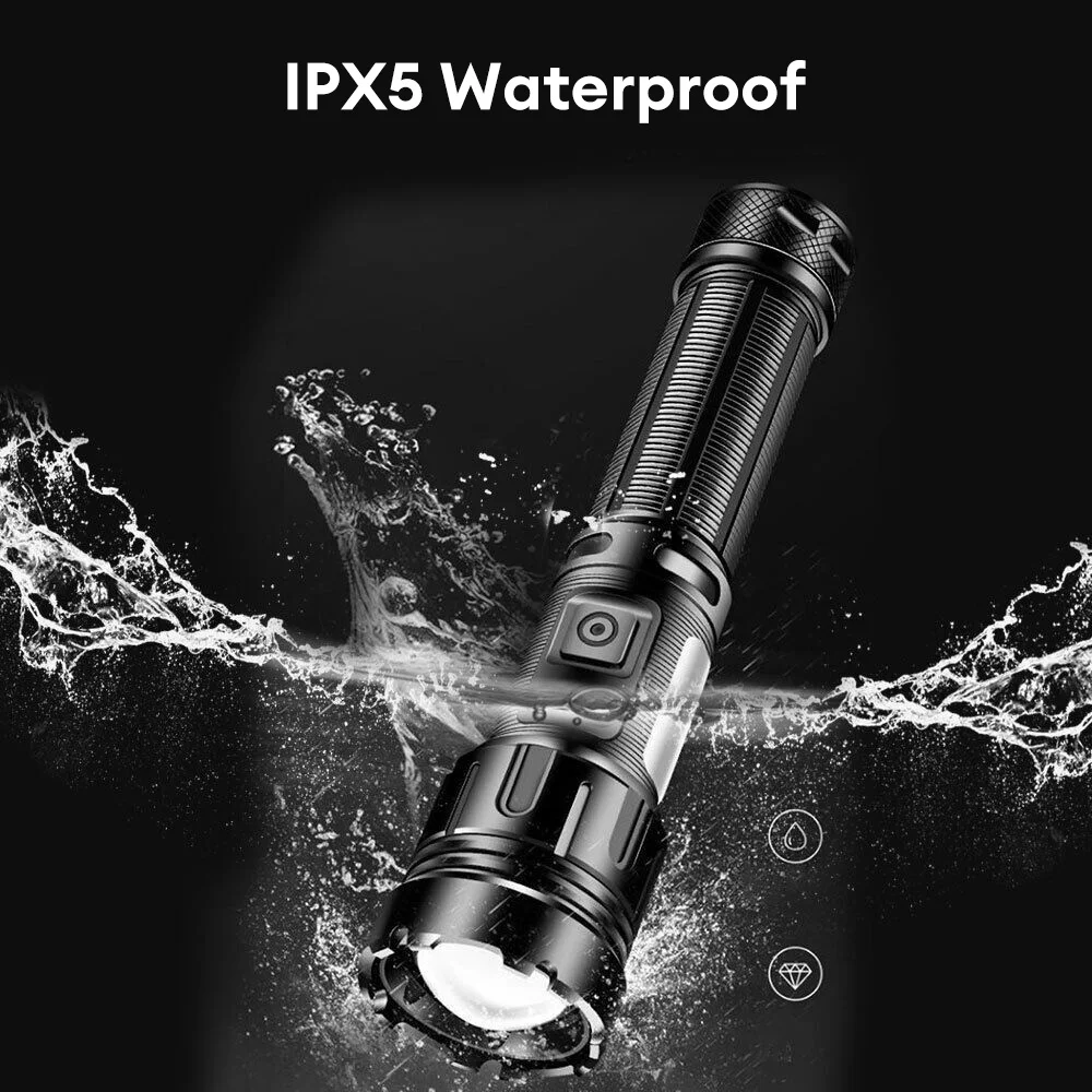 ไฟฉาย LED 10000mAh ชนิด C ไฟฉายกันน้ำชาร์จไฟได้3000m ไฟฉายแรงสูงโคมไฟกลางแจ้งยุทธวิธี