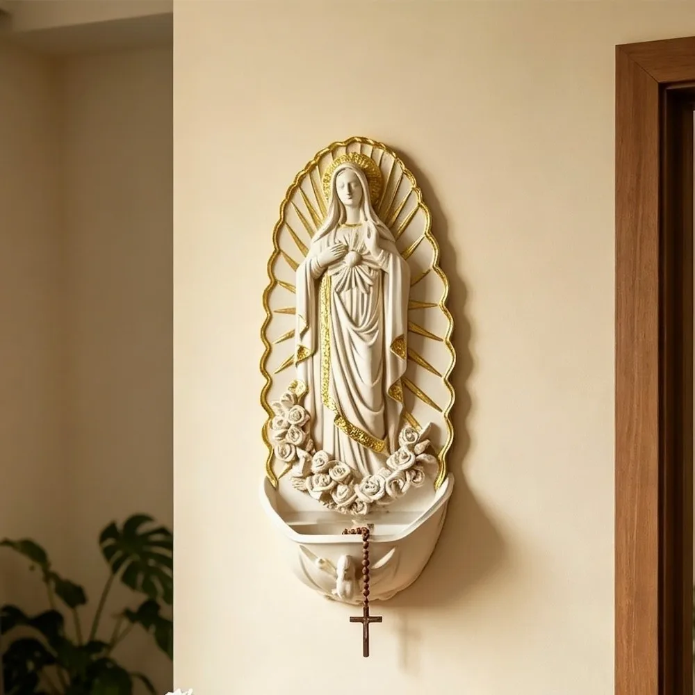 Religious Virgin Mary Holy Water Font Wall Mounted Resin Figurine Holy Water Dispenser Rose Carvings Catholic
