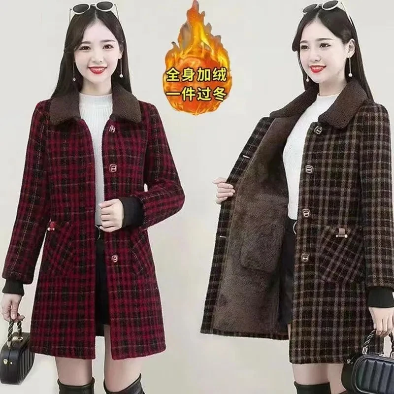 Mother's Winter Long Thicken Imitation Mink Cashmere Coat Middle Aged Women Plush Knitted Cardigan Plaid Woolen Jacket XL-6XL