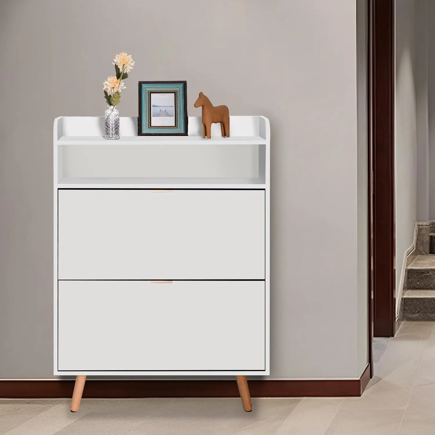 

Shoe Storage Cabinet with 2 Flip Drawers, Freestanding Hidden Slim Narrow Shoe Rack Cabinet for Entryway, Foyer, Hallway(White)