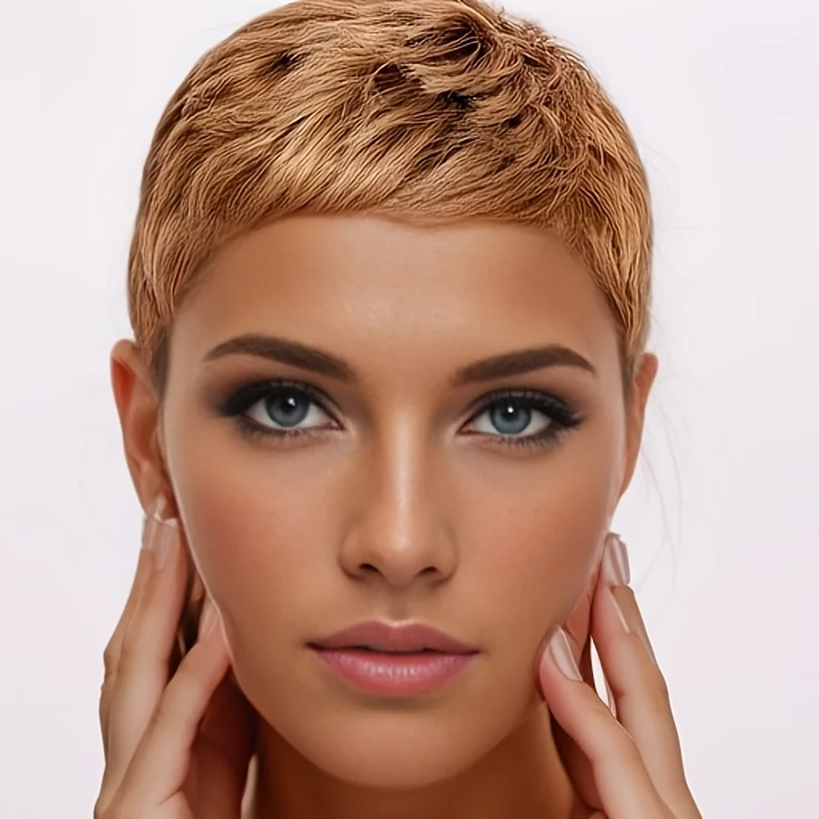 27 # /30 #   カラーピクシーカットカーリーウェーブ人毛ウィッグ 女性用 フルマシンメイドウィッグ デイリーウェア＆パーティー用 密度150% 4インチ