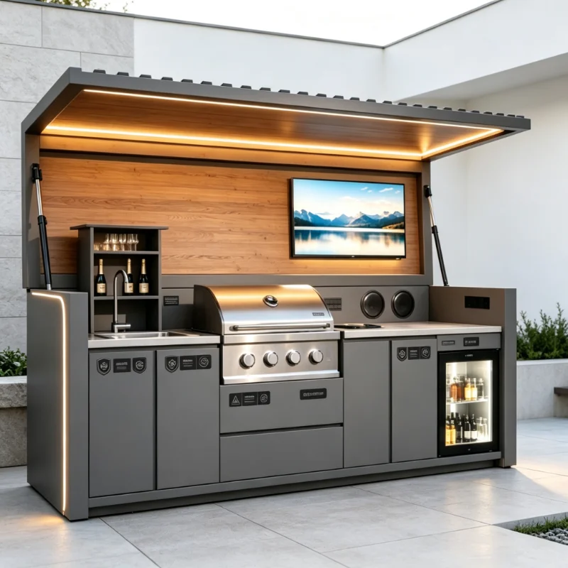 Durable Integrated Stainless Steel Kitchen Station Custom Outdoor BBQ Pizza Oven Unit with Waterproof Windproof Pergola