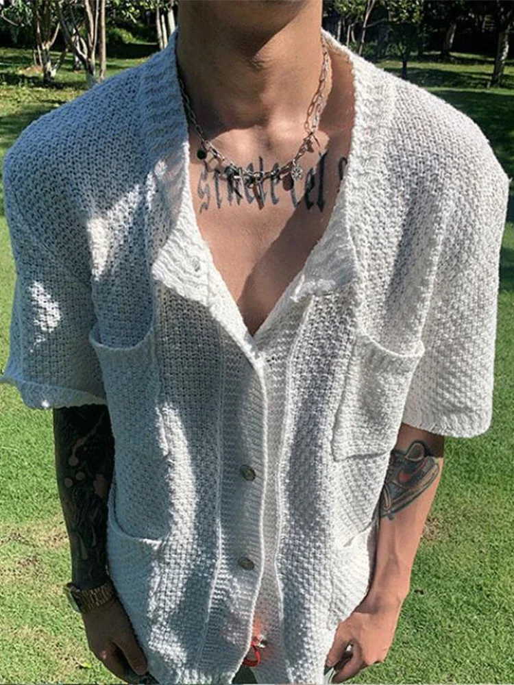 

Fresh Pure Color Mens Shirts Knit Pockets Patches Button Lapel Knitted Shirt Men Summer Short Sleeve New Casual Men's Cardigans