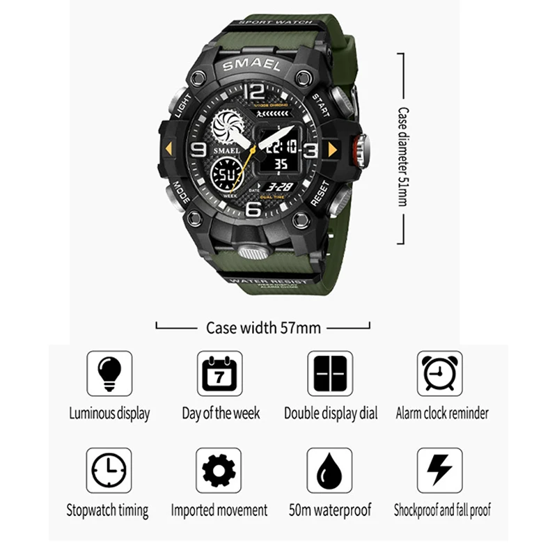 SMAEL-Montre de Marque Étanche à 50m pour Homme, Rétro-Éclairage LED, Affichage de la Semaine, Réveil, Montre-Bracelet à Quartz Décontractée, Montres de dehors, 8055