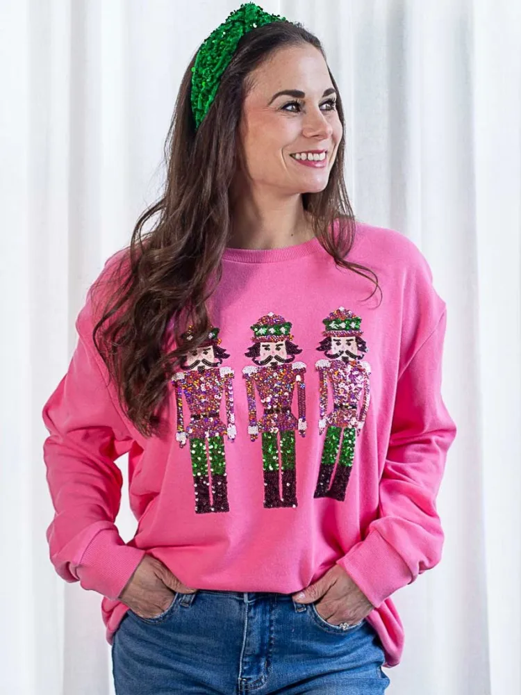 Women Y2k Nutcracker Graphic Sweatshirt Sequin Christmas Sweater Nutcracker Shirt Crewneck Long Sleeve Pullover Jumper Tops