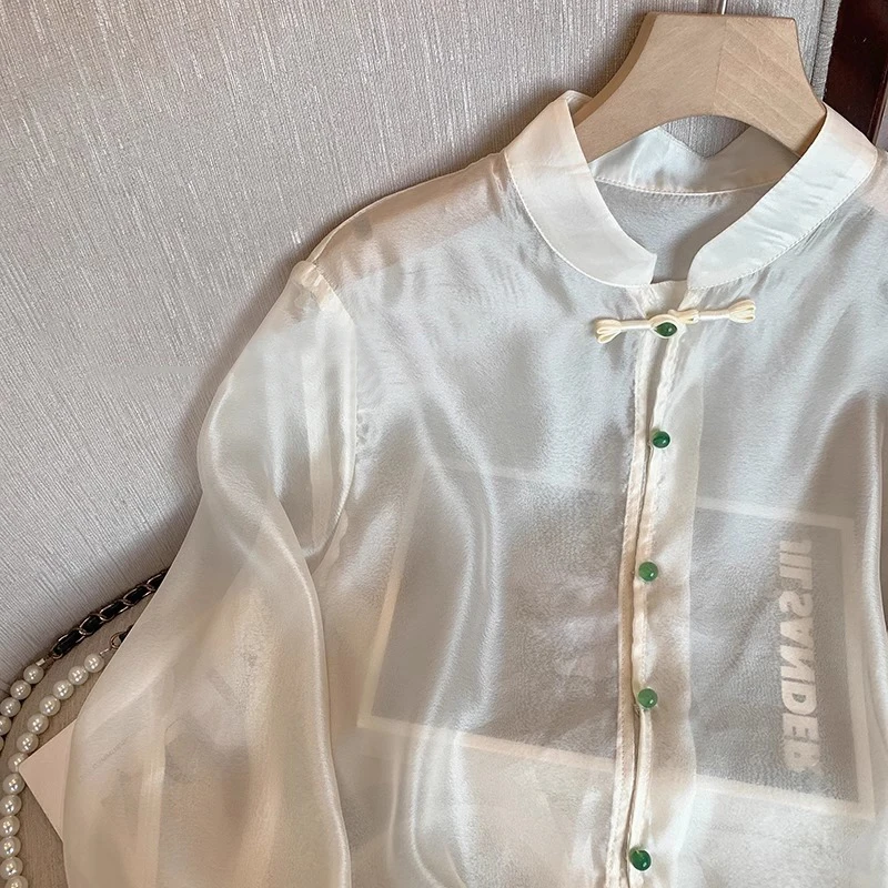 Nowa chińska bluzka z haftem, europejski tiul, damska, wiosenno-jesienna, luksusowa, retro, lekka, luźna, zapinana na guziki, długa bluzka.