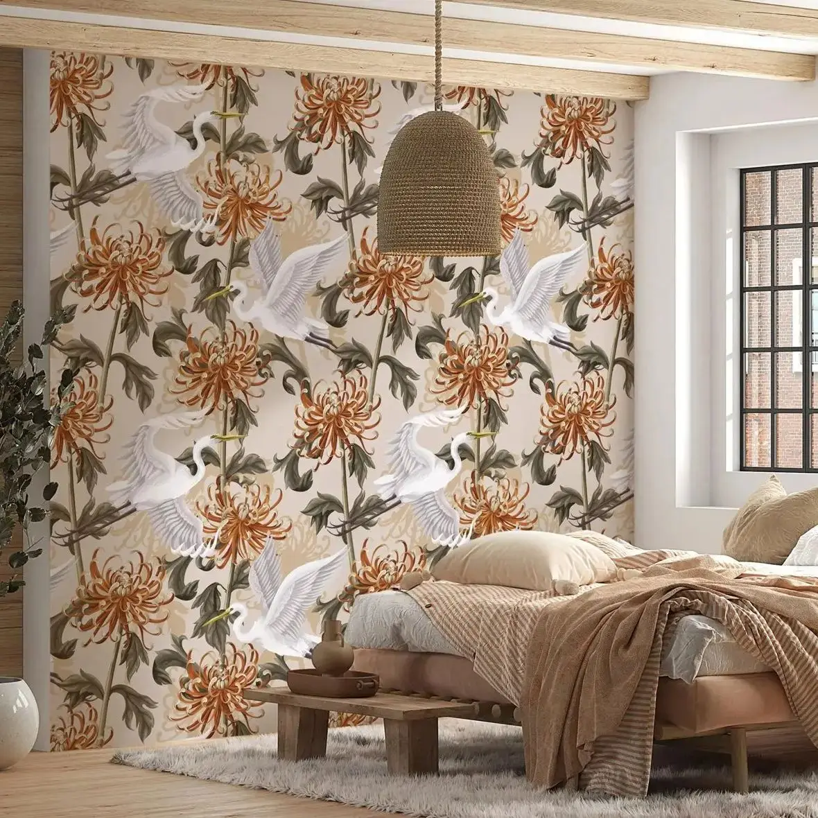 ورق جدران نباتي أنيق، خلفية بيج طبيعي، زهور قابلة للتقشير واللصق، ديكور غرفة فني ذاتي اللصق أو تقليد #1