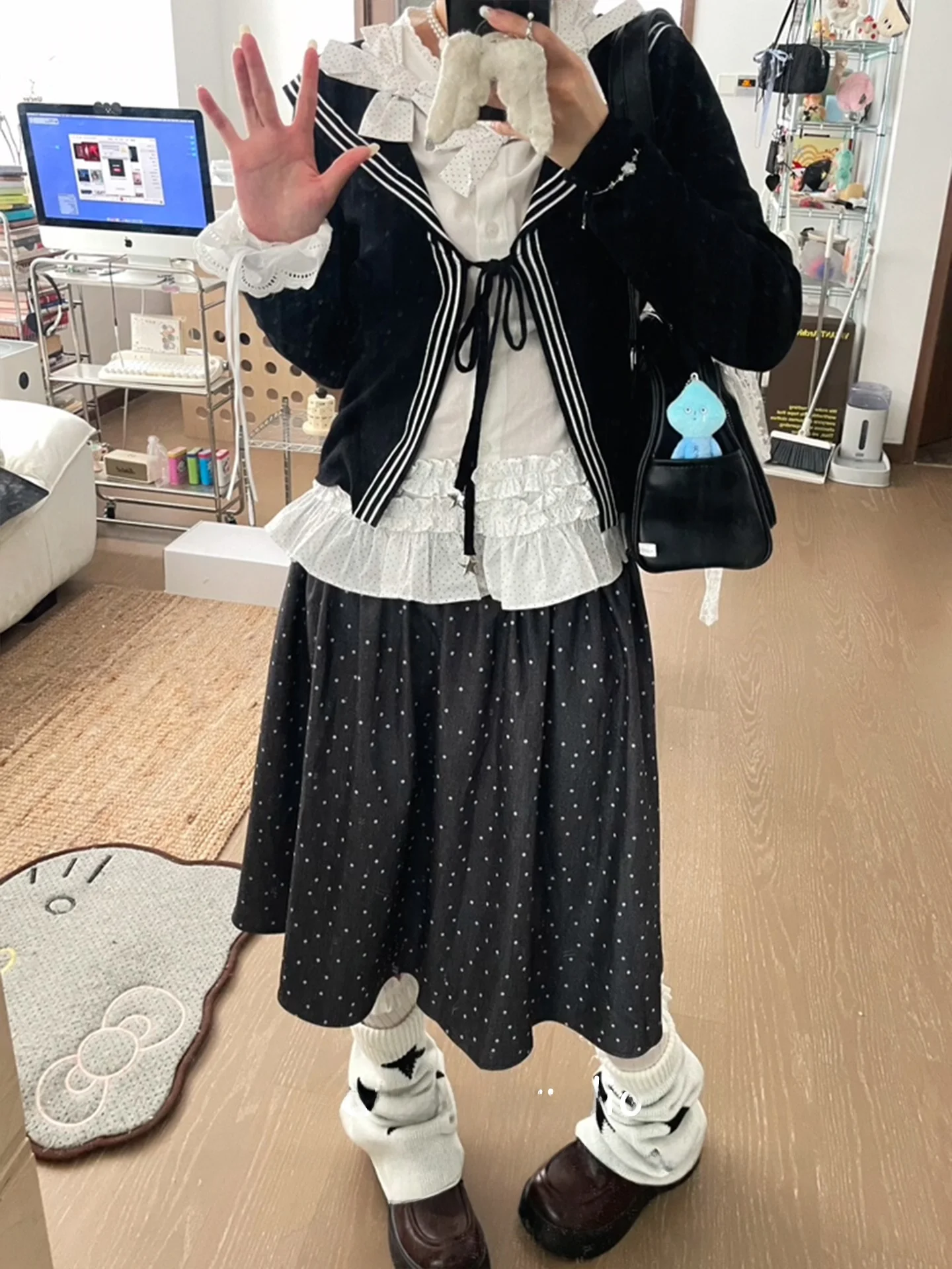 

High Waist Polka Dot f Skirt Women's Spring Faion College Sle A-Line Midi Skirt No Pleated Skirts