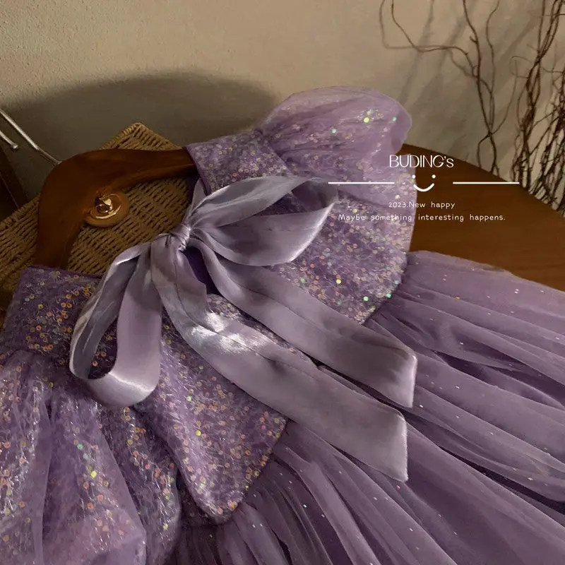 Birthday party Summer strap bow Bubble sleeve Girls Cake Purple Shiny Dresses princess childrens Daily Clothing Gauze Skirts