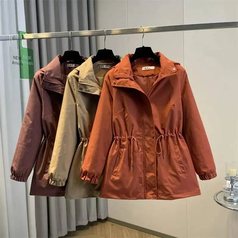 

New Korean Women Jacket Autumn Long Sleeve Casual Hooded Zipper Windbreaker Female Trench Coat Outerwear Ladies Top
