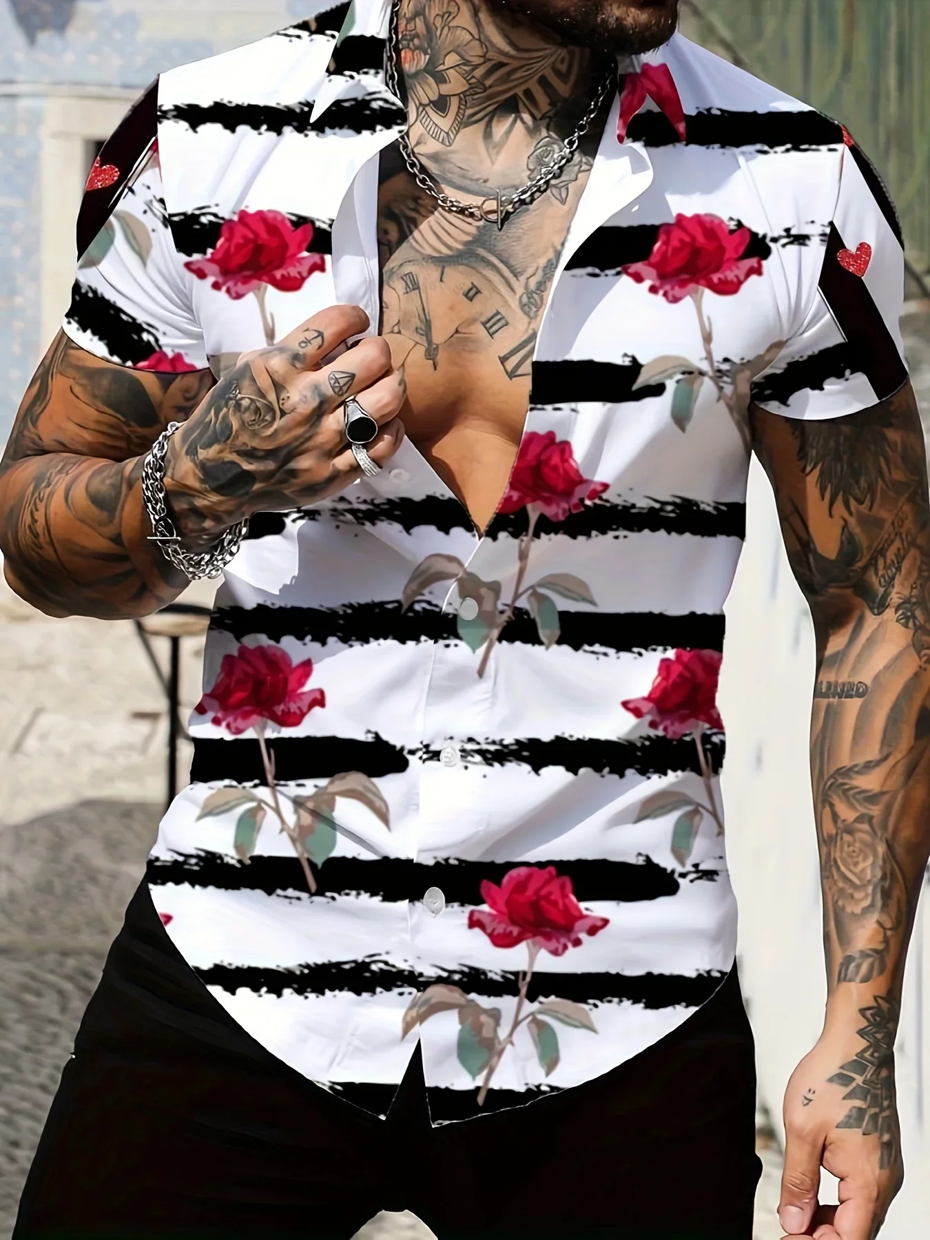 

Men's Stripe&Rose 3D Print Shirt Lapel Button Up Casual Short Sleeve Beah Shirt Men Business Casual Hawaiian Shirt Men Clothing