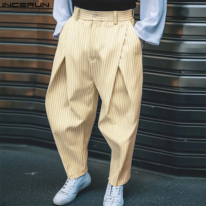 

INCERUN Men Pants Striped Button Joggers Oversize Casual Trousers Men Pleated 2025 Fashion Leisure Long Pants S-5XL Streetwear