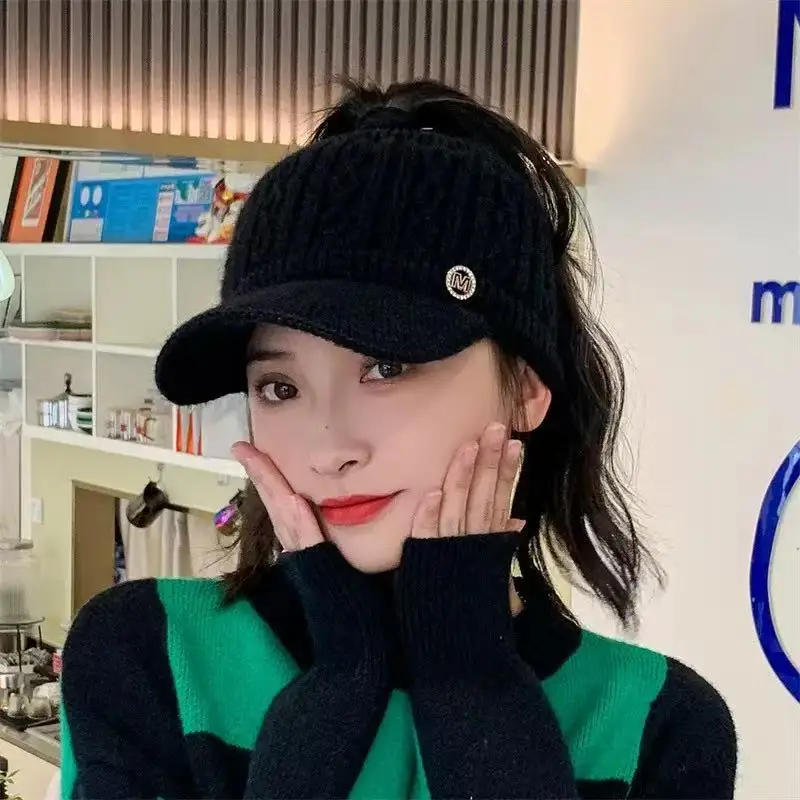 Women Knitted Open Top Baseball Cap Brim Windproof Thick Warm Earflap Beanie Autumn Winter Korean Style Rabbit Wool