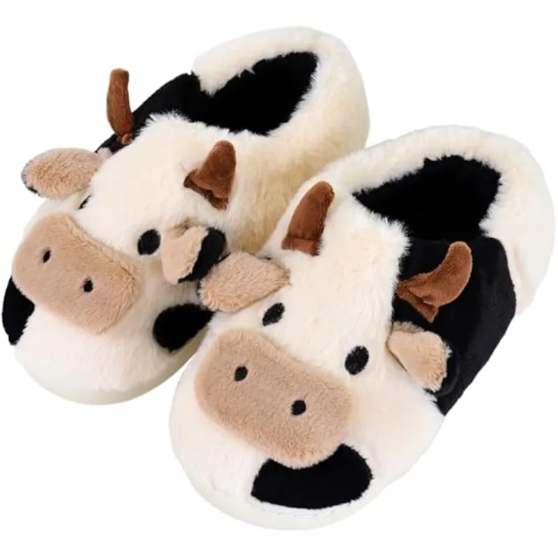 

Cute Cow Slippers for Women Men Cozy Closed-Toe Plush House Shoes Anti-Slip Sole Warm Furry Indoor Winter Slides Durable