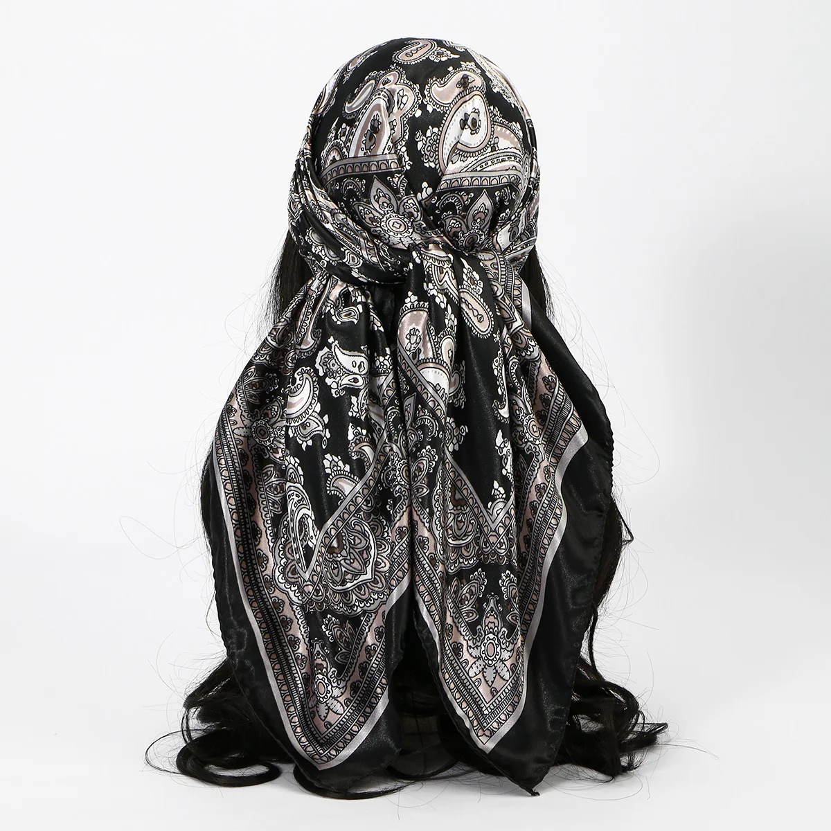 Modisches Paisley-Print-Kerchief, Damen-Haarschal, Seiden-Stirnband, Bandana, Kopftücher, quadratische Hijab-Schals für Damen – Detail 19