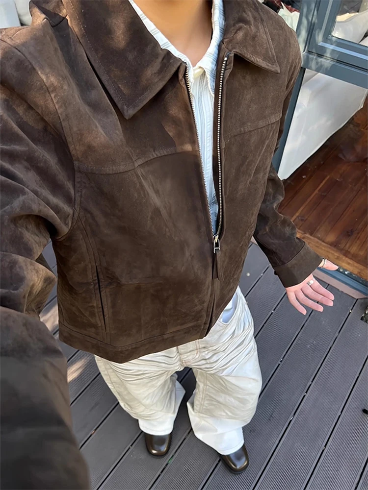 

Cleanfit American Retro Meralba Barn Jaet Men's Suede Zipper Collar ort Outerwear Stand Fit Youth Faion Autumn Wear