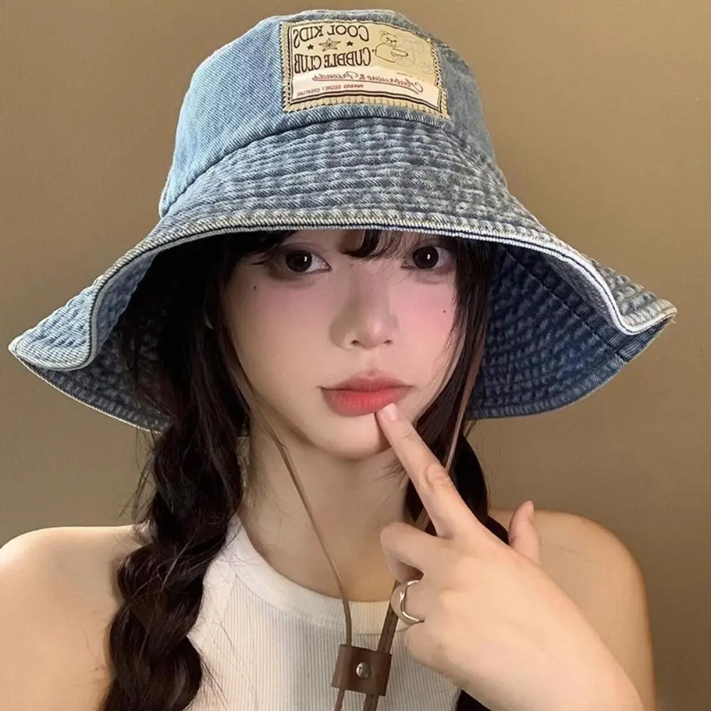 

Sweet Big Brimmed Denim Bucket Hat Wide Wings Sunscreen Jeans Fisherman Hat Visor Korean Style Sunscreen Hat Outdoor