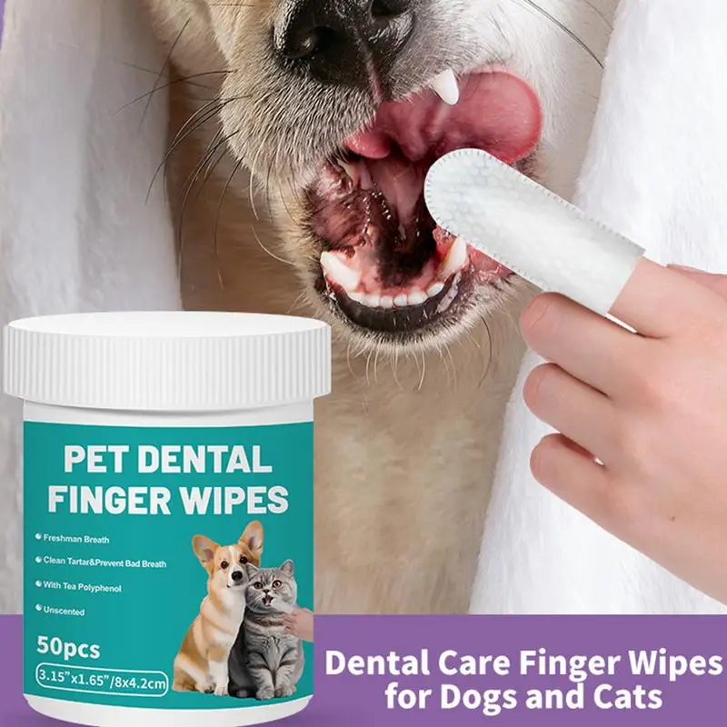 Dog Teeth Finger Wipes 50-Pieces Teeth Cleaner Wipes For Dog Brushing Bad Breath Remover Wipes For Outdoors Traveling Home