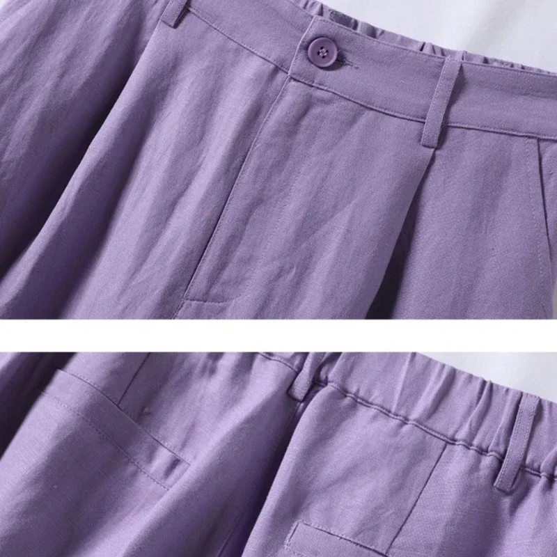 Shorts de algodão e linho para mulheres verão 2025 solto cintura alta calças largas perna casual versátil sólido retro shorts retos