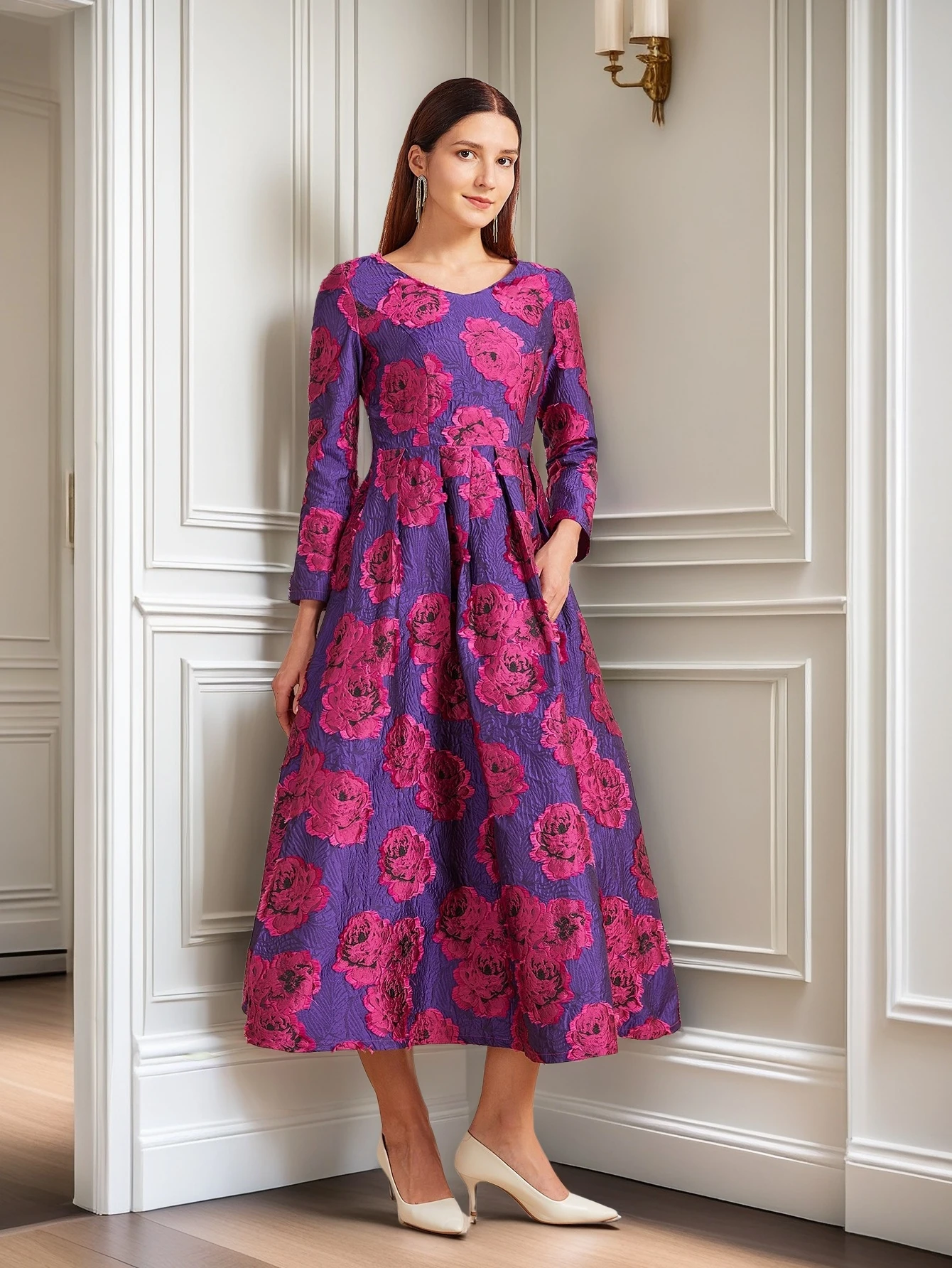 

Winter and Autumn Luxury Heavyweight Three-Dimensional Jacquard Courtier Style Waist-Hugging A-line Luxurious Texture Long Dress
