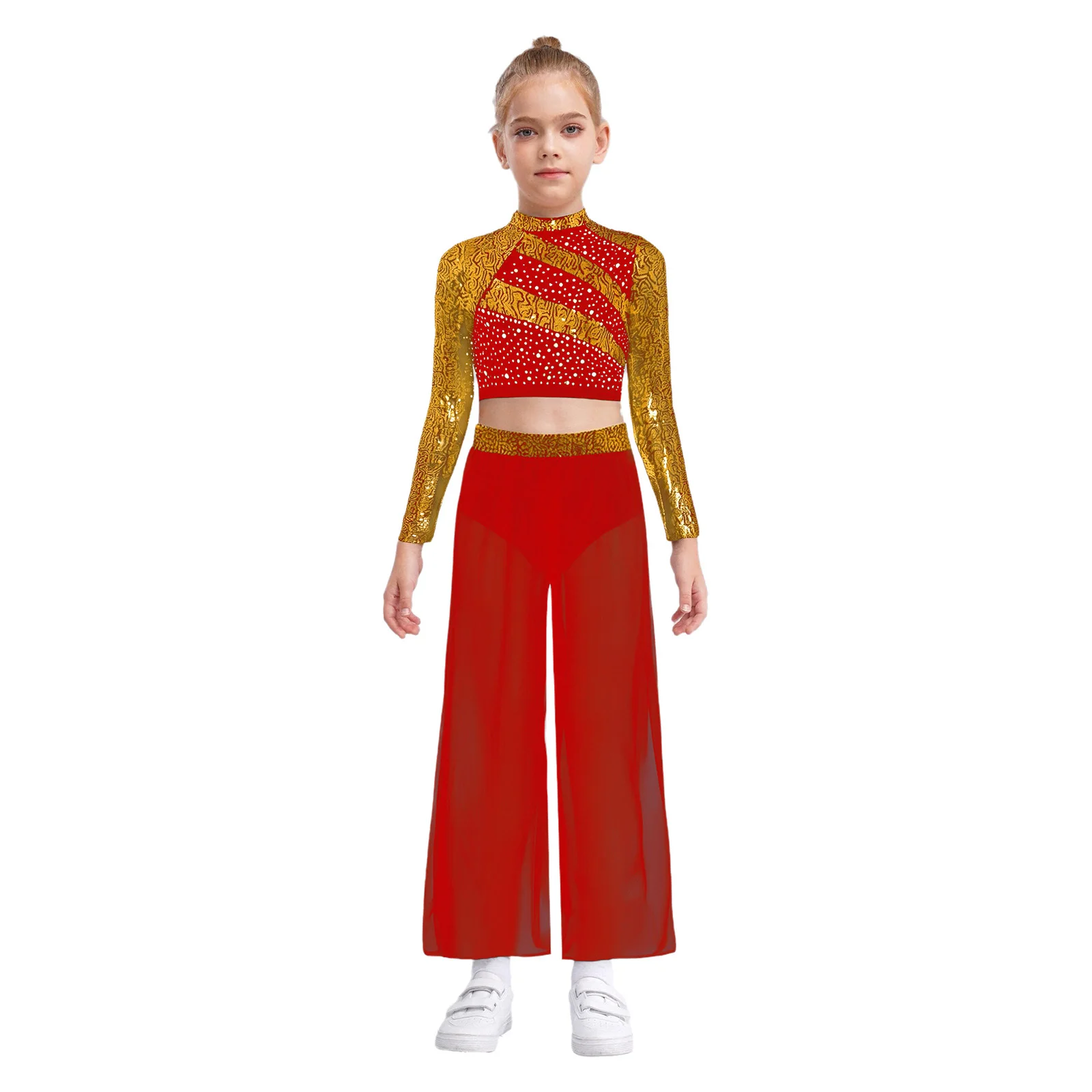 

Kids Girls Lyrical Dance Sets Modern Dancewear Outfits Sequins Cutout Back Crop Top with Chiffon Wide-Leg Side Slit Dance Pants