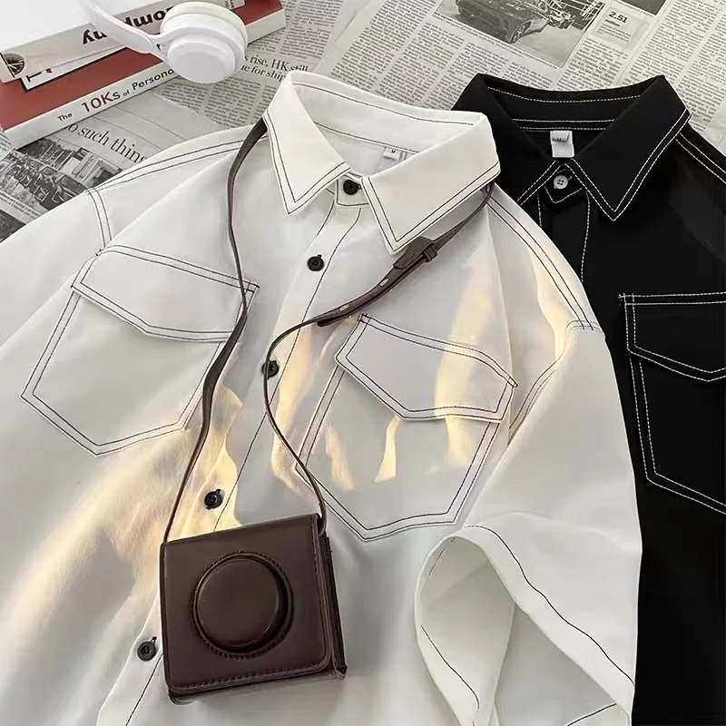 Summer Short Sleeved Shirt Men Fashion Retro Black White Shirt Men Streetwear Korean Loose Casual Shirt Mens Vintage Shirts