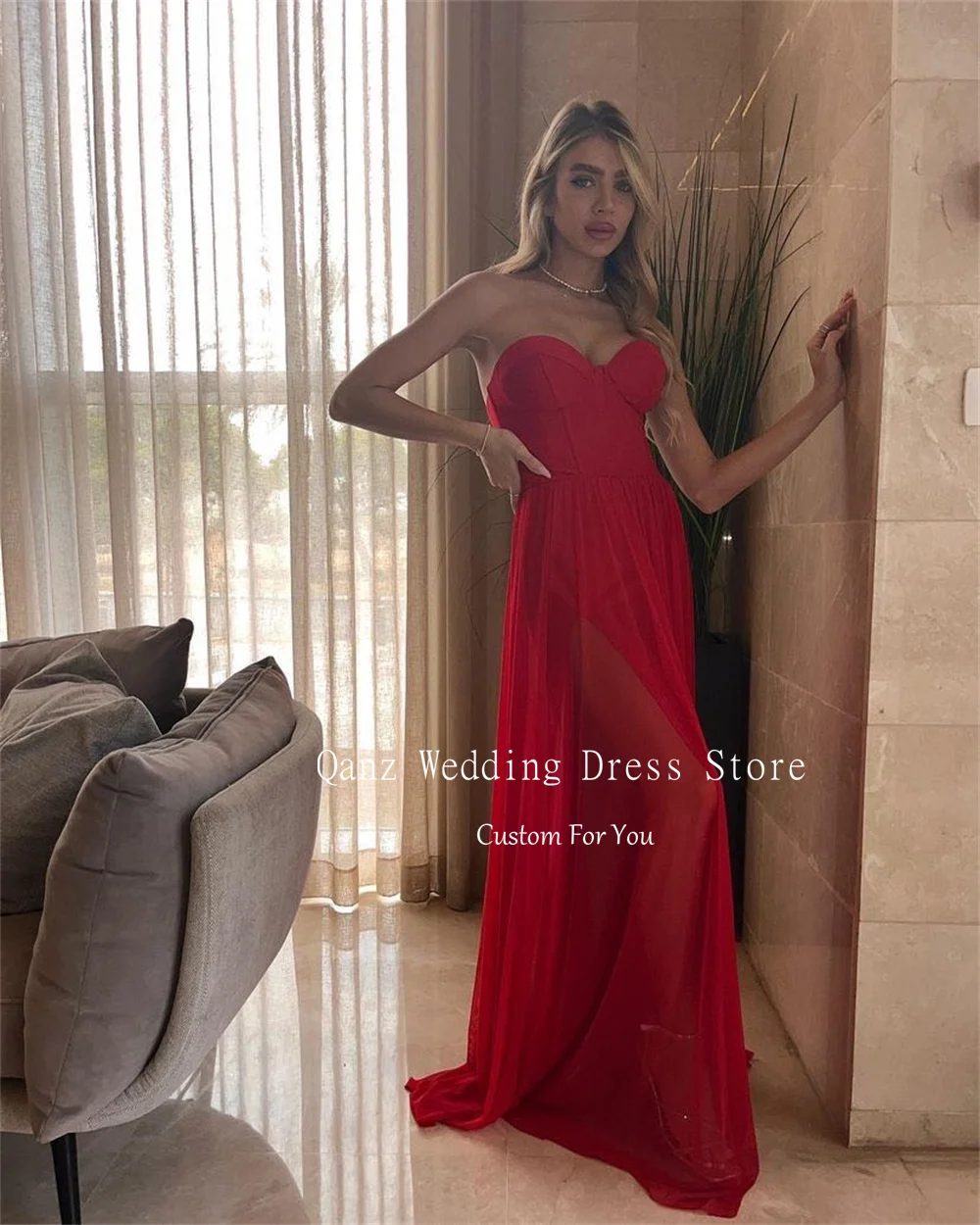 Qanz-Robe de Soirée Longue en Mousseline de Soie Rouge pour Femme, Sans Bretelles, Ligne A, Corset au Dos, Luxueuse Élégante, Personnalisée, 2024