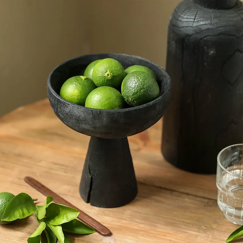 Schwarzes kleines Obsttablett mit hohen Füßen, Dekoration für Trockenobsttabletts, Snacktablett aus Massivholz, Retro-Süßigkeitentablett aus altem Holz