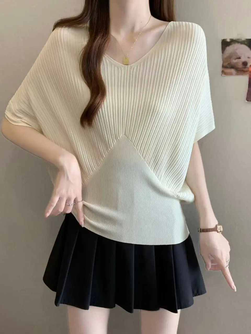 

plus Size Women's V-Neck Knitwear Textured Loose Batwing Sleeve Top Casual Summer Fashion Slimming Effect Breathable Comfortable