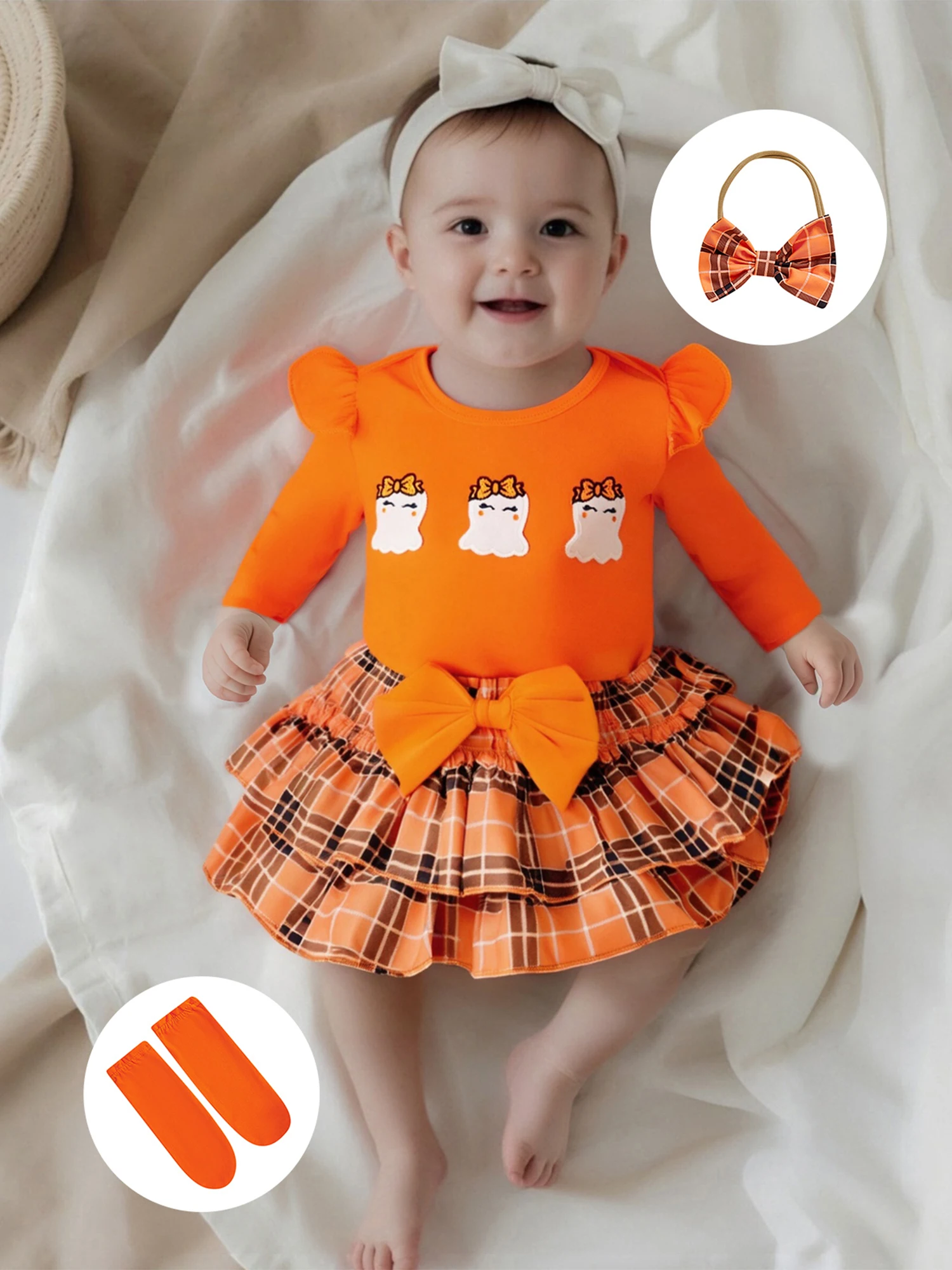 

Infant Baby Girl Halloween Clothes Sets Cute 4PCS Outfits Ghost Embroidery Romper+Skort+Headband+Stockings 0-18M