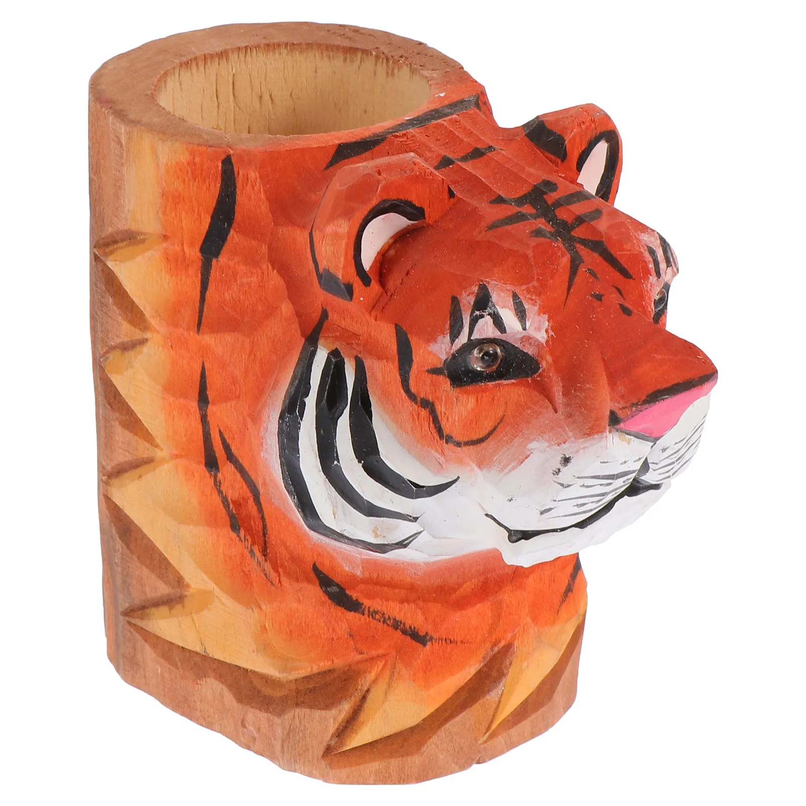 

Tiger Design Wooden Pen Holder Round Desktop Organizer Pencil Storage Pot Makeup Brush Holder Office Supplies