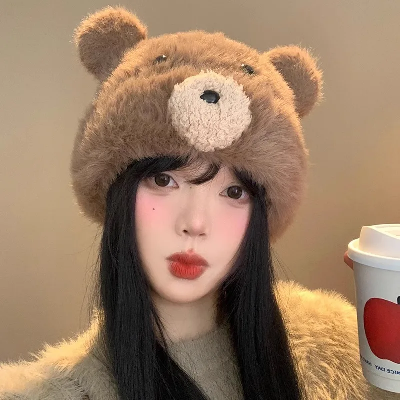 

Модная корейская милая шапка с медвежьими ушками, теплая плюшевая шапка-бини с помпоном, уличная защита ушей, женская пушистая шапка, подарок для девочек