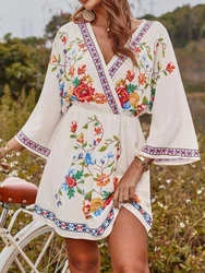 2024 Summer Fashion New Bohemian Style Sexy Dress Vintage V-neck Tie Waist Vacation Style Beach Ethnic Style Knee Length Skirt