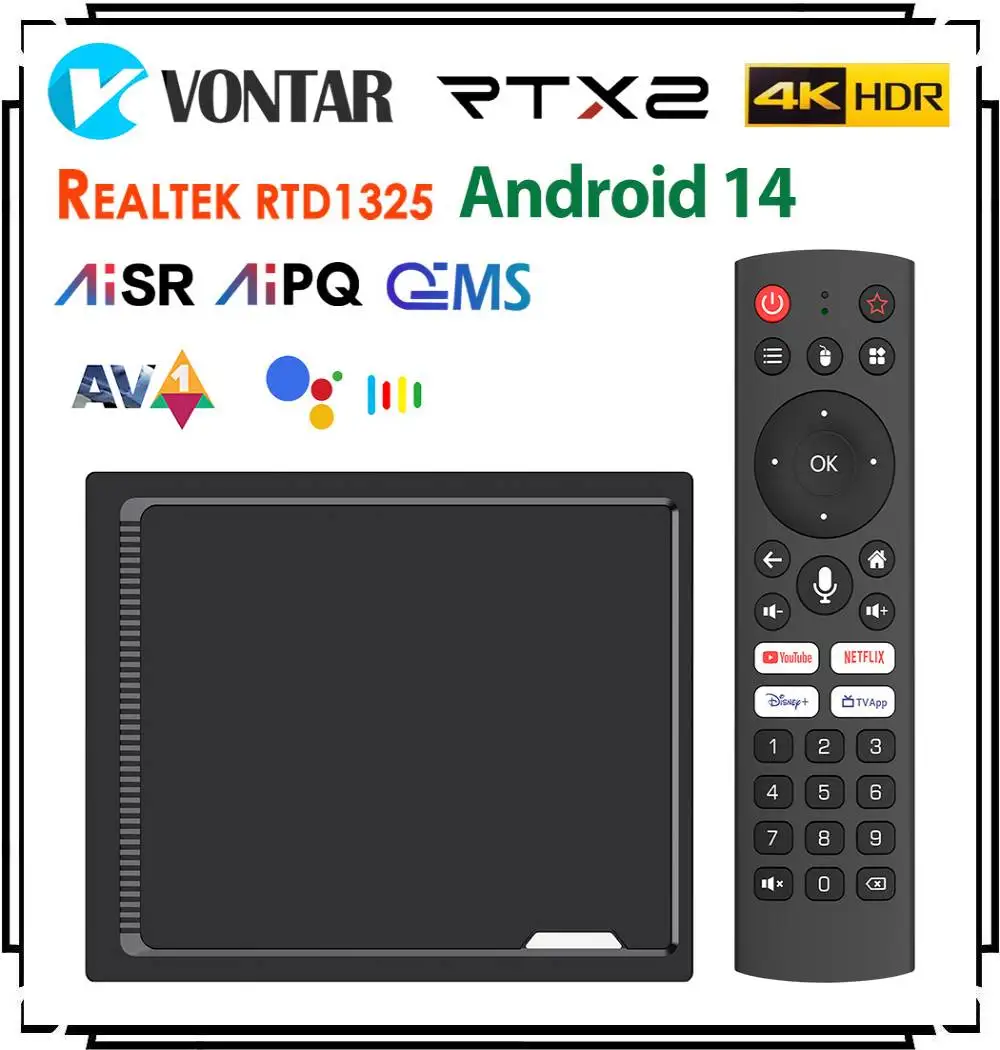RT-X2 ТВ-приставка Android 14 Realtek1325 Поддержка процессора AI-PQ AI-SR Телеприставка Android 14.0 1000M 2T2R Wi-Fi5 BT5.2 Медиаплеер RT-X2 ТВ-приставка Android 14 Realtek1325 Поддержка процессора AI-PQ AI-SR Телеприставка Android 14.0 1000M 2T2R Wi-Fi5 BT5.2 Медиаплеер