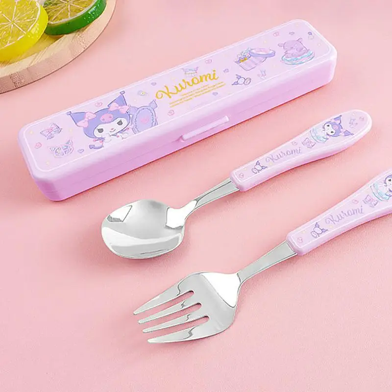 Sanrio Kuromi Tableware Kawaii Children Household Study Chopstick Spoon Fork Cutlery Set Cartoon Cute Portable Storage Girl Gift