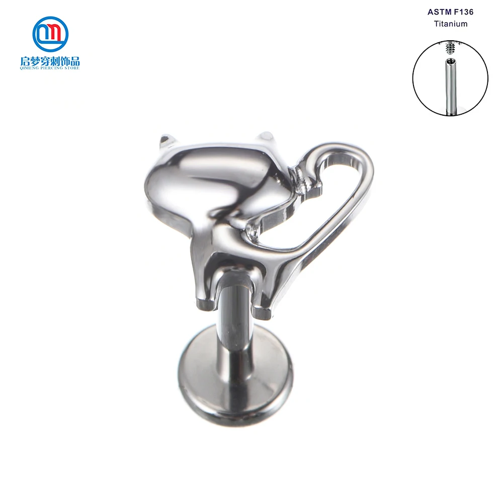 QM ASTM F136 Titanium Internally Threaded Piercing Cat Shaped Top Labret Lobe Earring Tragus Flat Body Jewelry