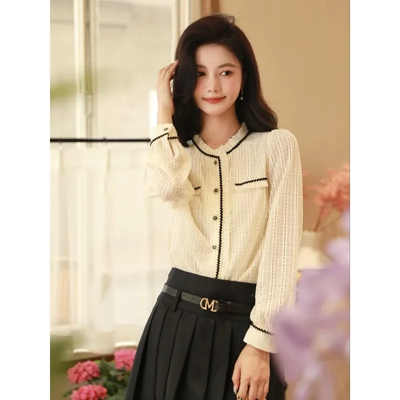 2023 New Hollow Out Long Sleeves Blouse for Women French OL Elegant Spring Autumn Lace Shirt Vacation Lolita Loose Clothing